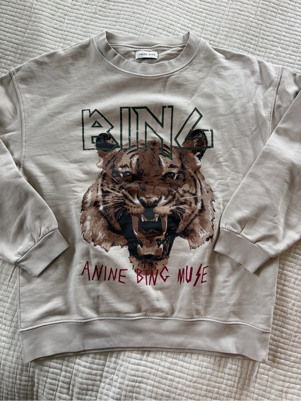 Anine Bing Cream Crewneck Sweatshirt with Tiger Graphic NWOT
